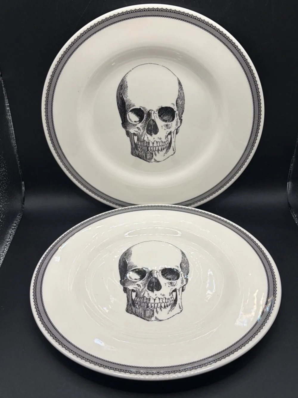Pair Royal Stafford English Pottery Skull Plates, Skeleton Dishes Goth Tableware